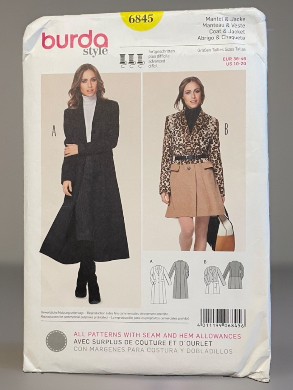 Burda 6845 Pattern Sizes 10-20 Women's Coat Sewing Pattern Uncut